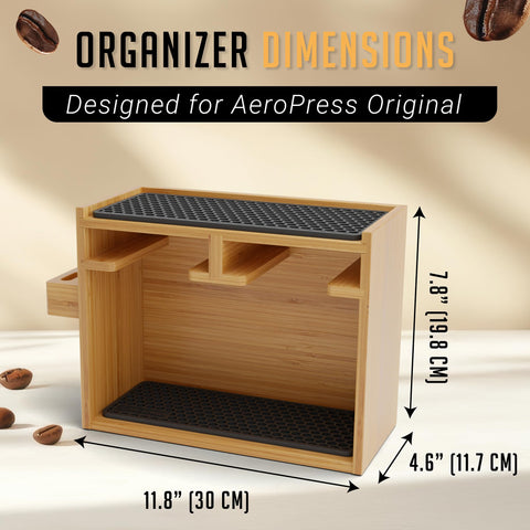 HEXNUB coffee caddy station holding scoop, filters, and mugs.
