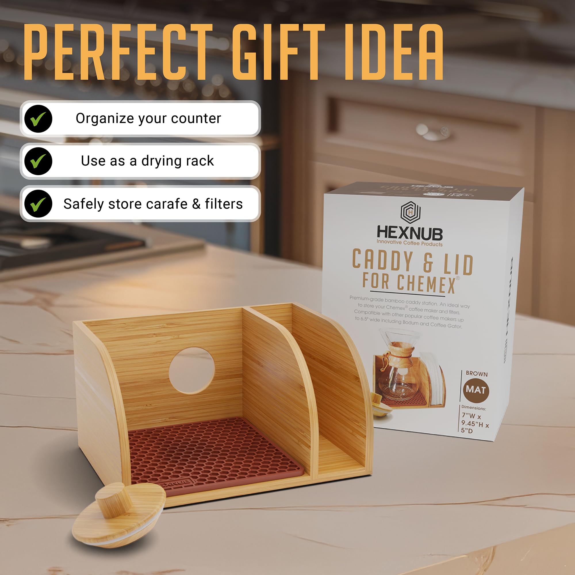 HEXNUB lid on carafe provides warmth retention and dust protection.