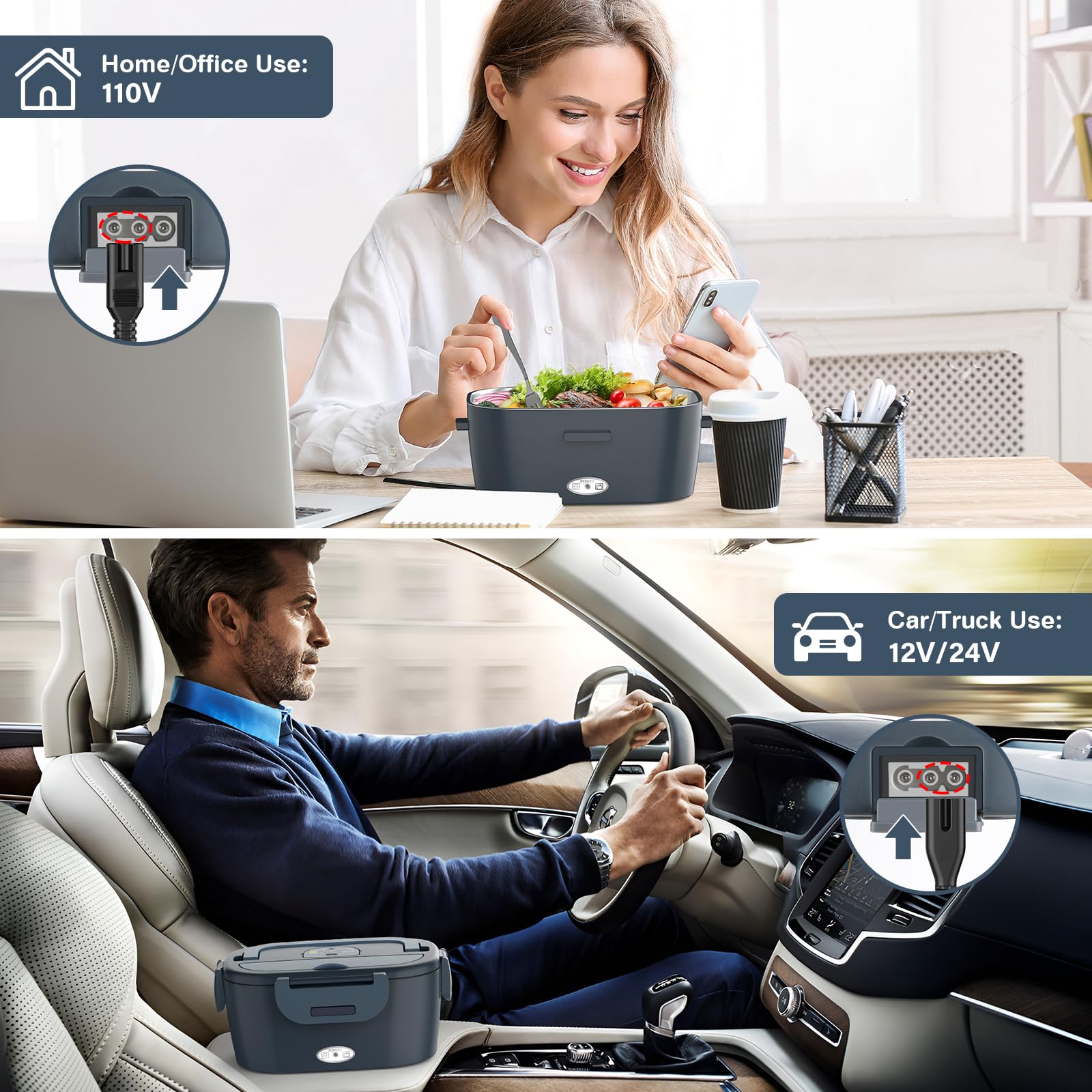 Heyfavor 3-in-1 lunch box plugs into car, truck, or outlet for flexible heating.