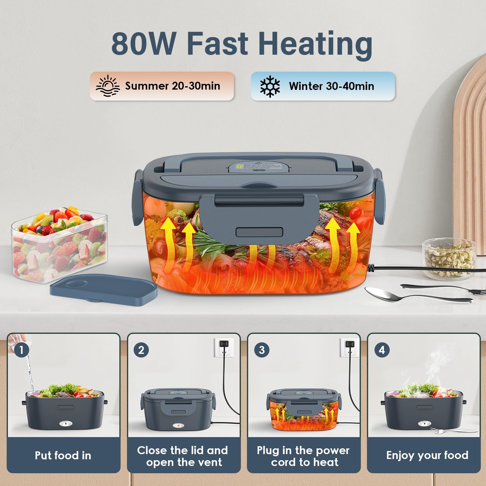 Heyfavor electric lunch box features dishwasher-safe stainless steel container for easy cleaning.