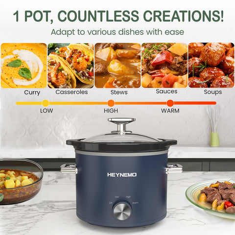 HEYNEMO 2qt slow cooker blue lid locks in moisture and aroma during cooking.