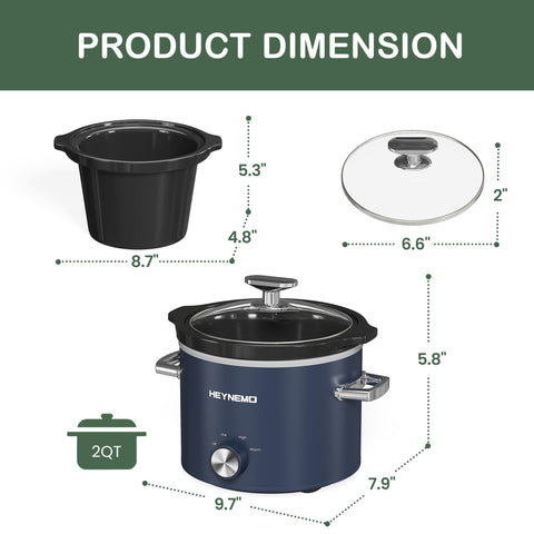HEYNEMO 2qt slow cooker dishwasher-safe pot makes cleanup quick and easy.