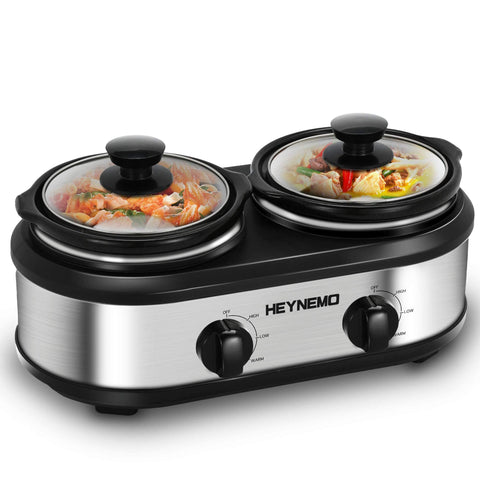 HEYNEMO double slow cooker pots enable dual cooking for gatherings.