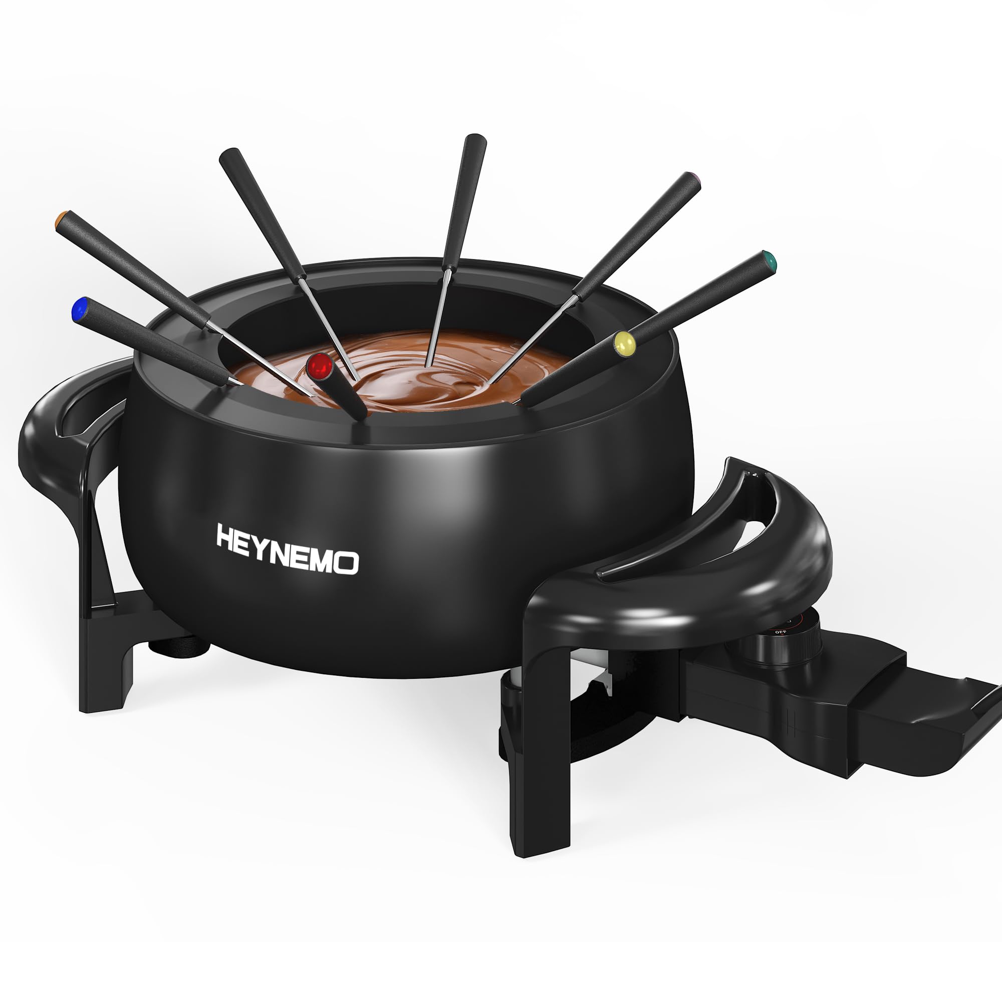 HEYNEMO electric fondue pot front view with 3qt capacity for shared desserts.