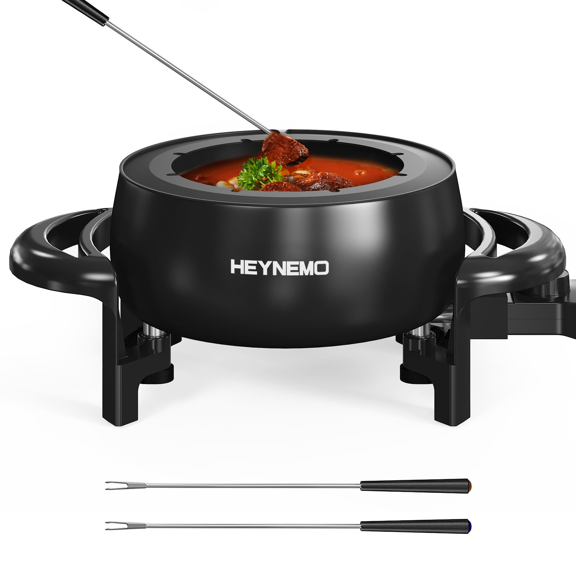 HEYNEMO fondue pot temperature control knob close up for precise melting.