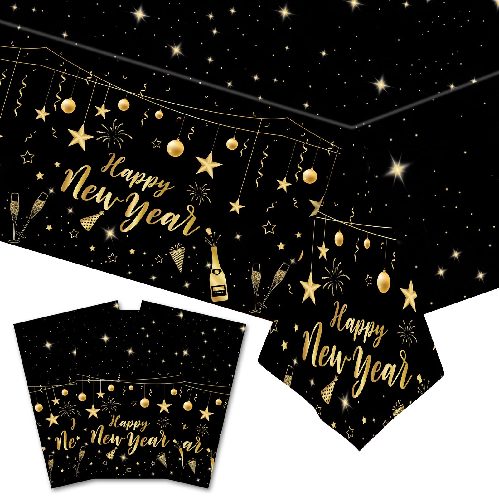 HEYPRIIL 3-pack black and gold New Year tablecloths for quick festive setup.