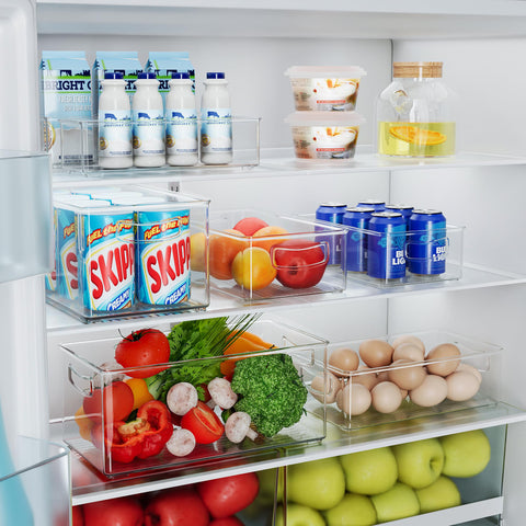 Heyuzb freezer bin featuring built-in handles for easy pulling from shelves.