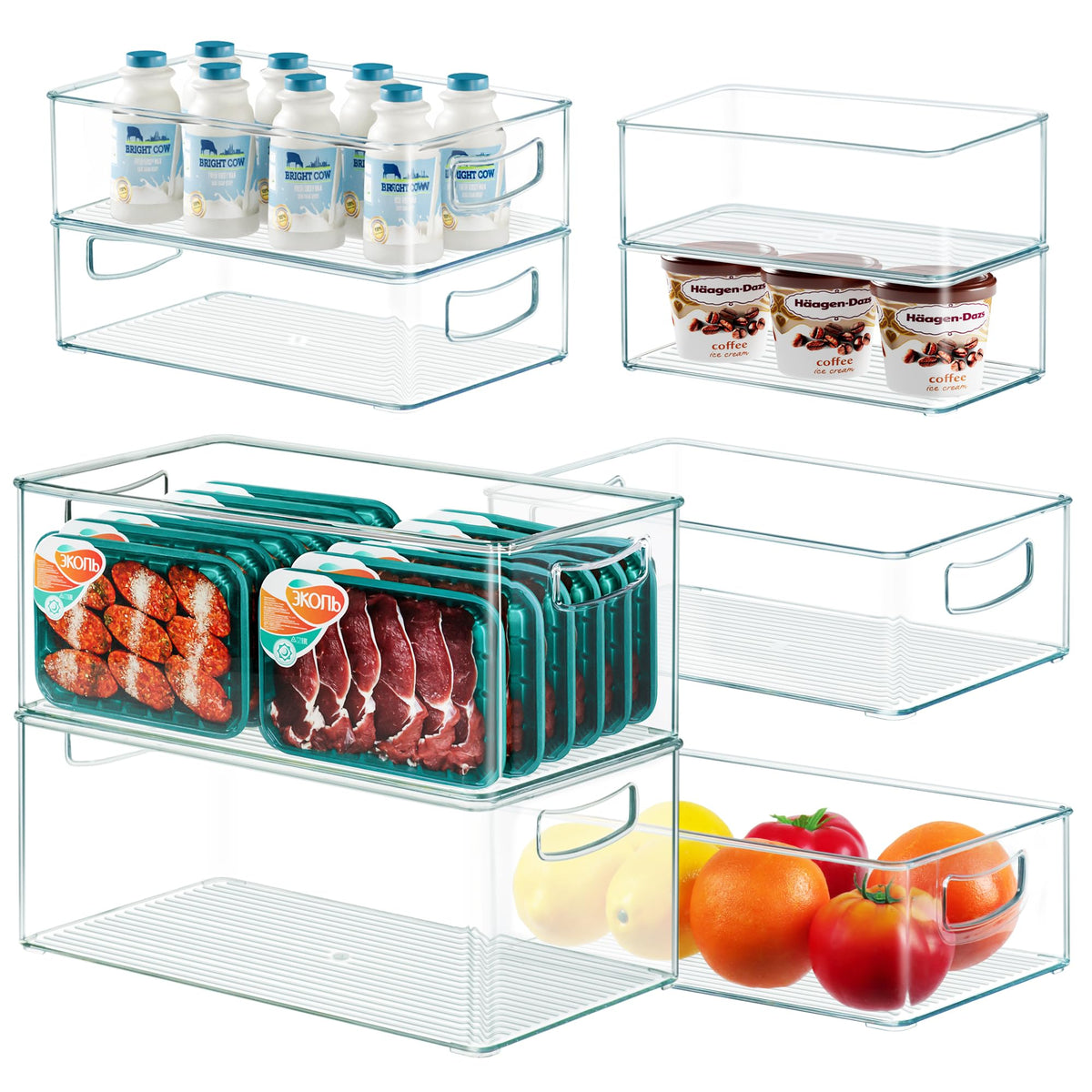 Heyuzb freezer organizer bin with clear stackable design and side handles for easy access.