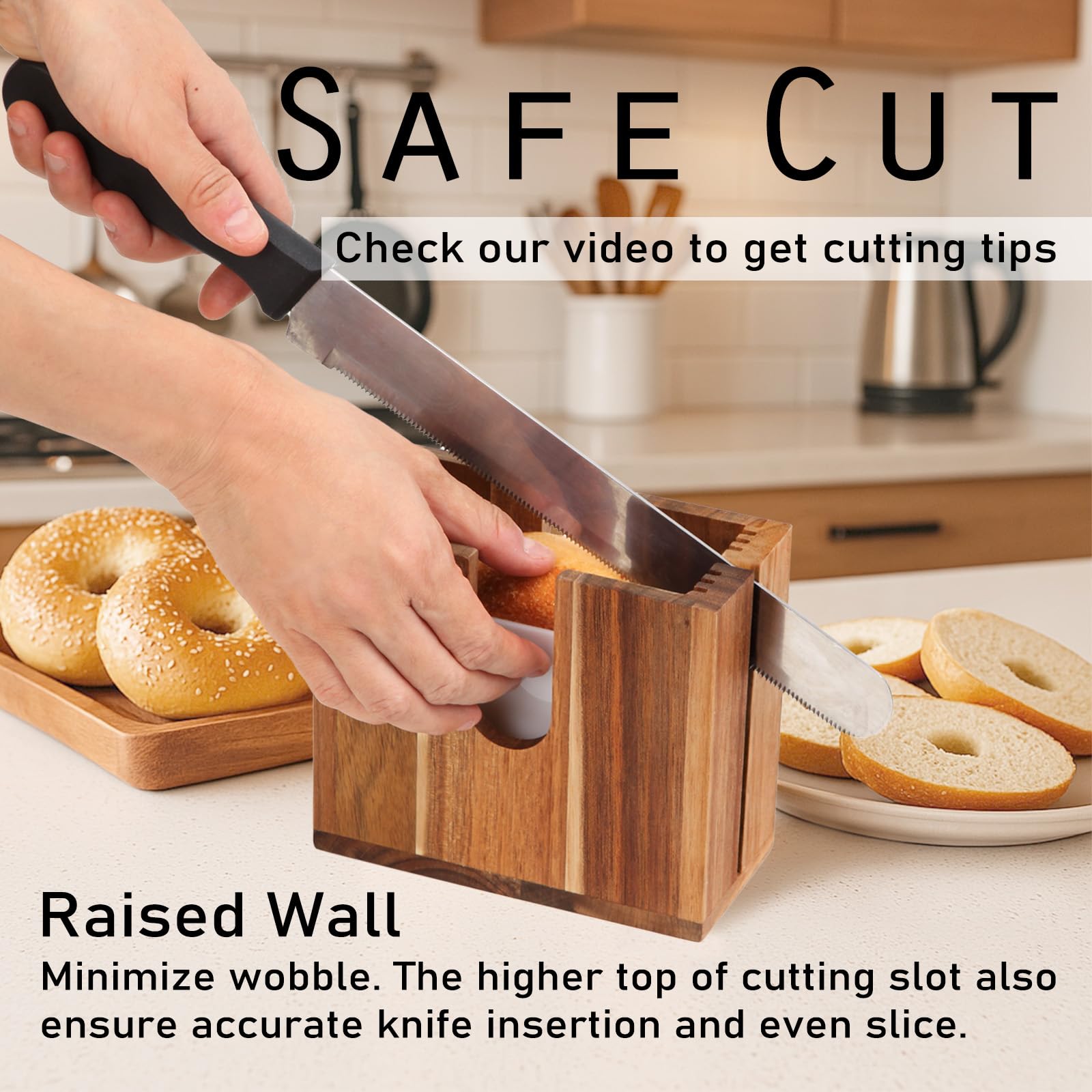 HeywoodCabin adjustable spacer plates for bagels of different sizes enable safe slicing.