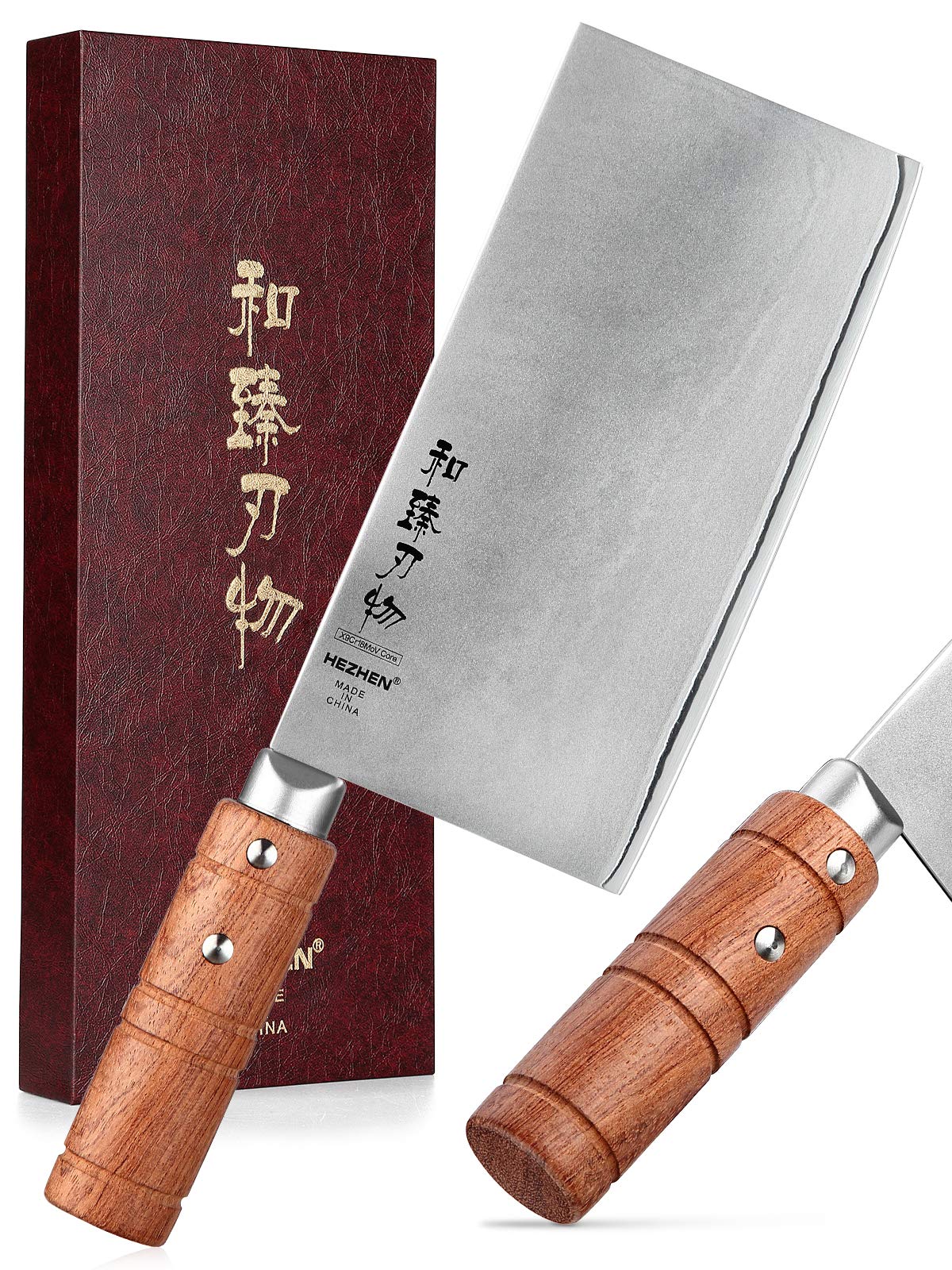 HEZHEN 7-Inch Cleaver blade close-up highlights durable composite steel for versatile chopping.