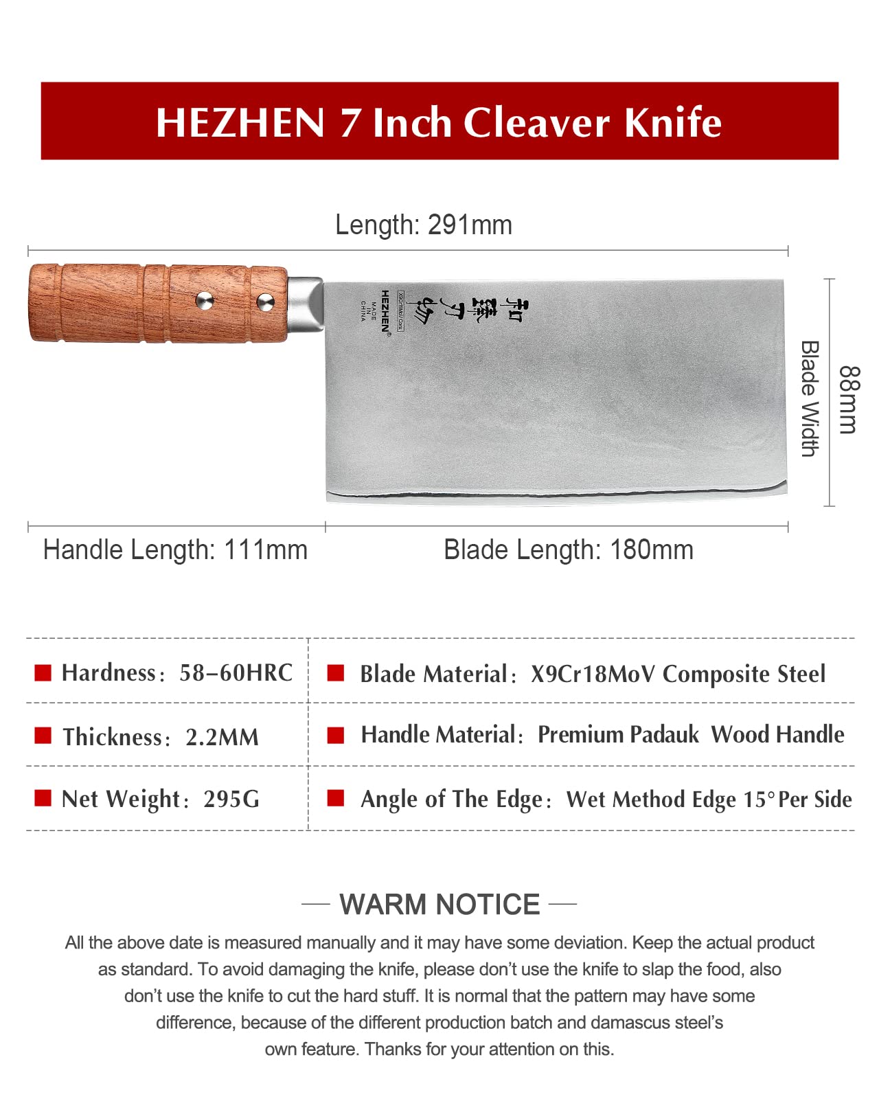 HEZHEN 7-Inch Cleaver full profile emphasizes balanced weight for precise cuts.