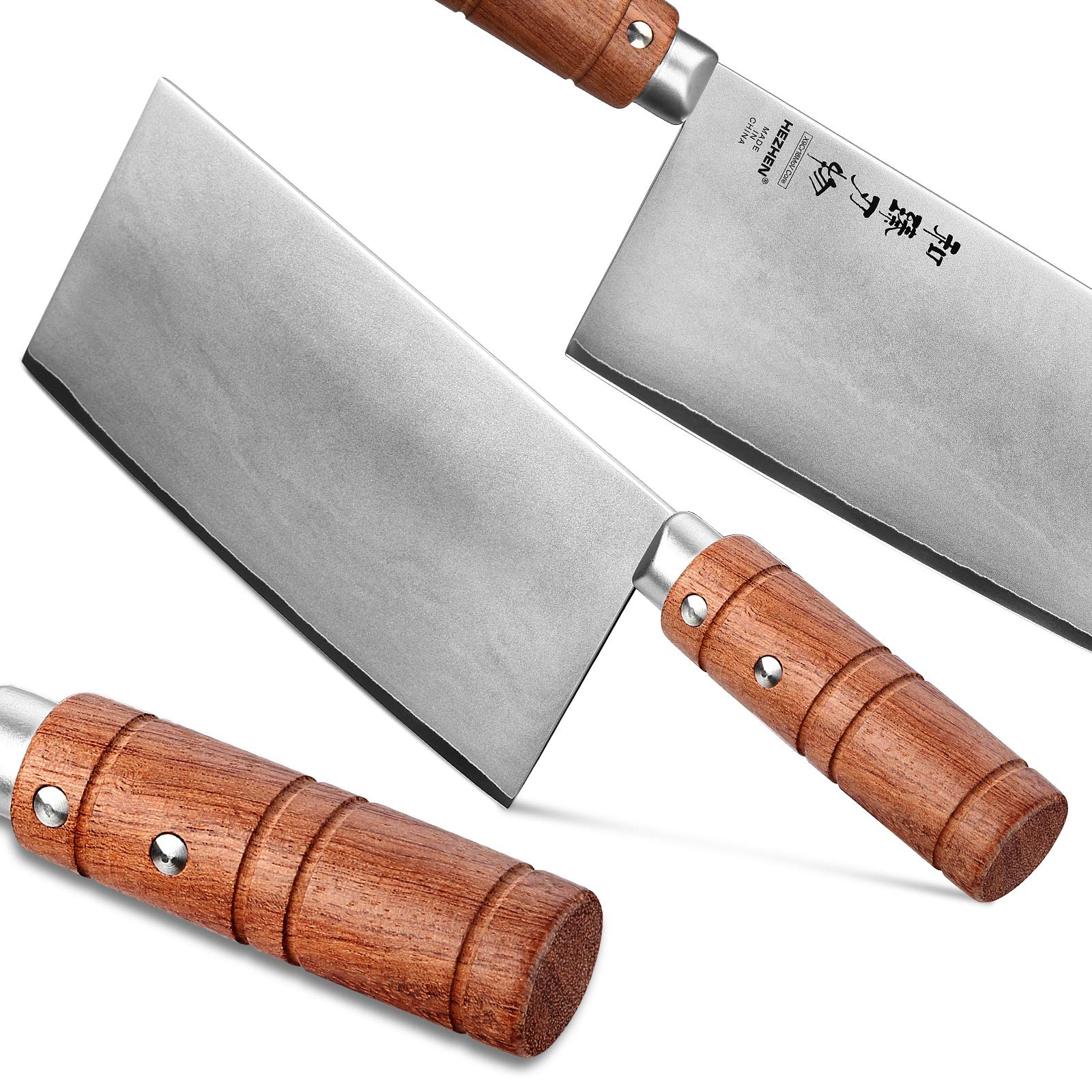 HEZHEN cleaver handle Padauk close-up shows ergonomic grip for comfortable slicing.