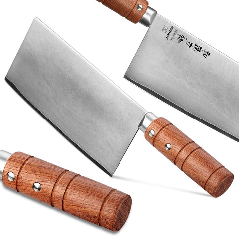HEZHEN cleaver handle Padauk close-up shows ergonomic grip for comfortable slicing.
