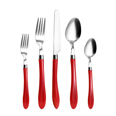 HF HOFTEN red silverware set on table with durable 20-piece stainless steel heads and color handles.