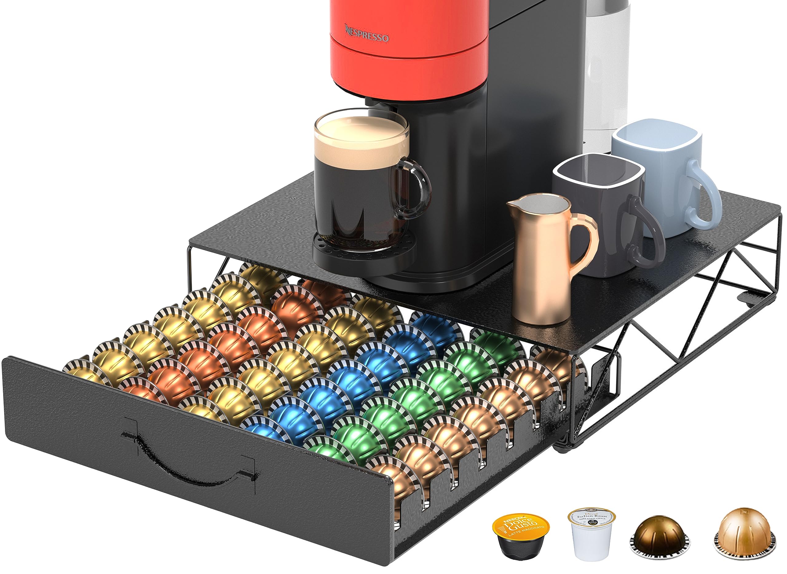 HFHOME coffee pod drawer top view shows organized Vertuoline capsules for easy morning choices.