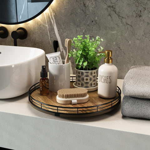 HGF Acacia turntable works as a bathroom vanity tray for lotions.