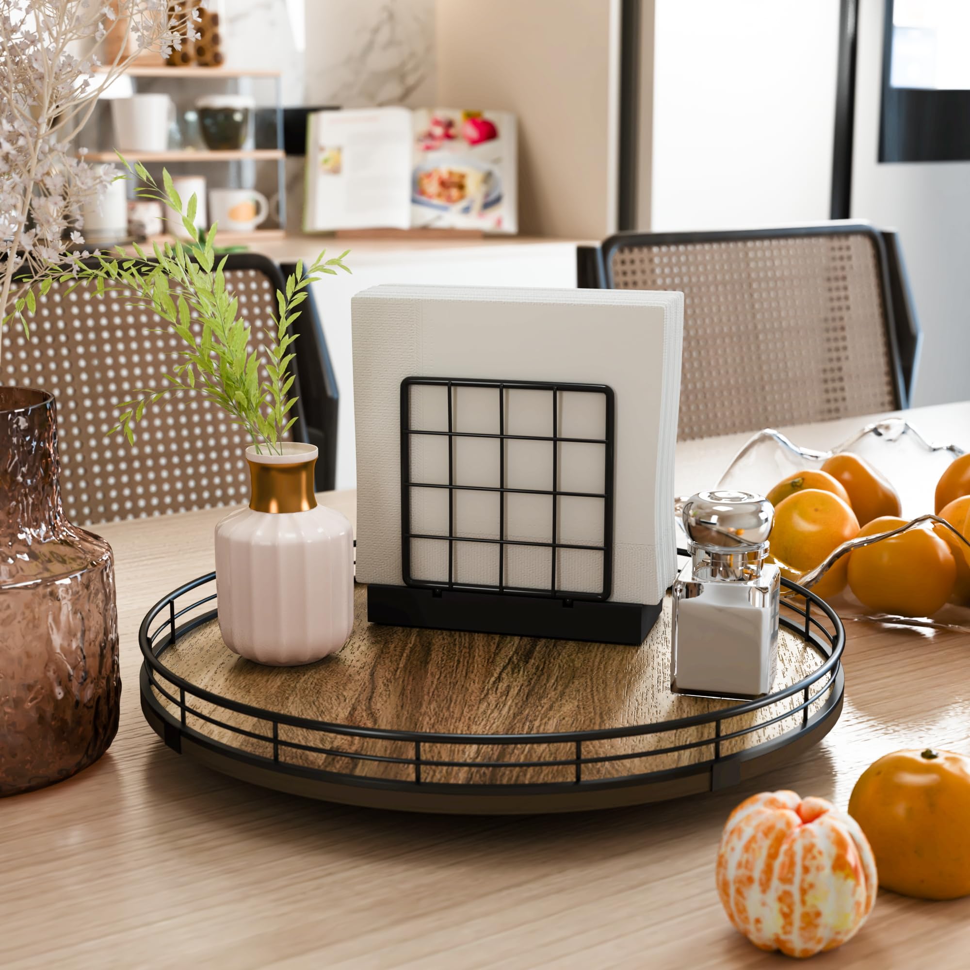 HGF Lazy Susan doubles as a coffee table centerpiece with decor and napkins.