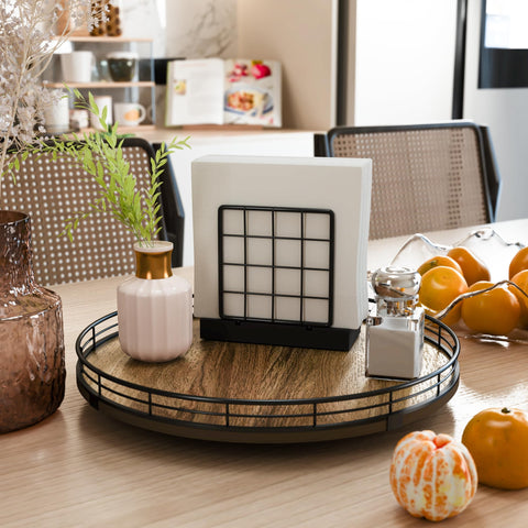 HGF Lazy Susan doubles as a coffee table centerpiece with decor and napkins.
