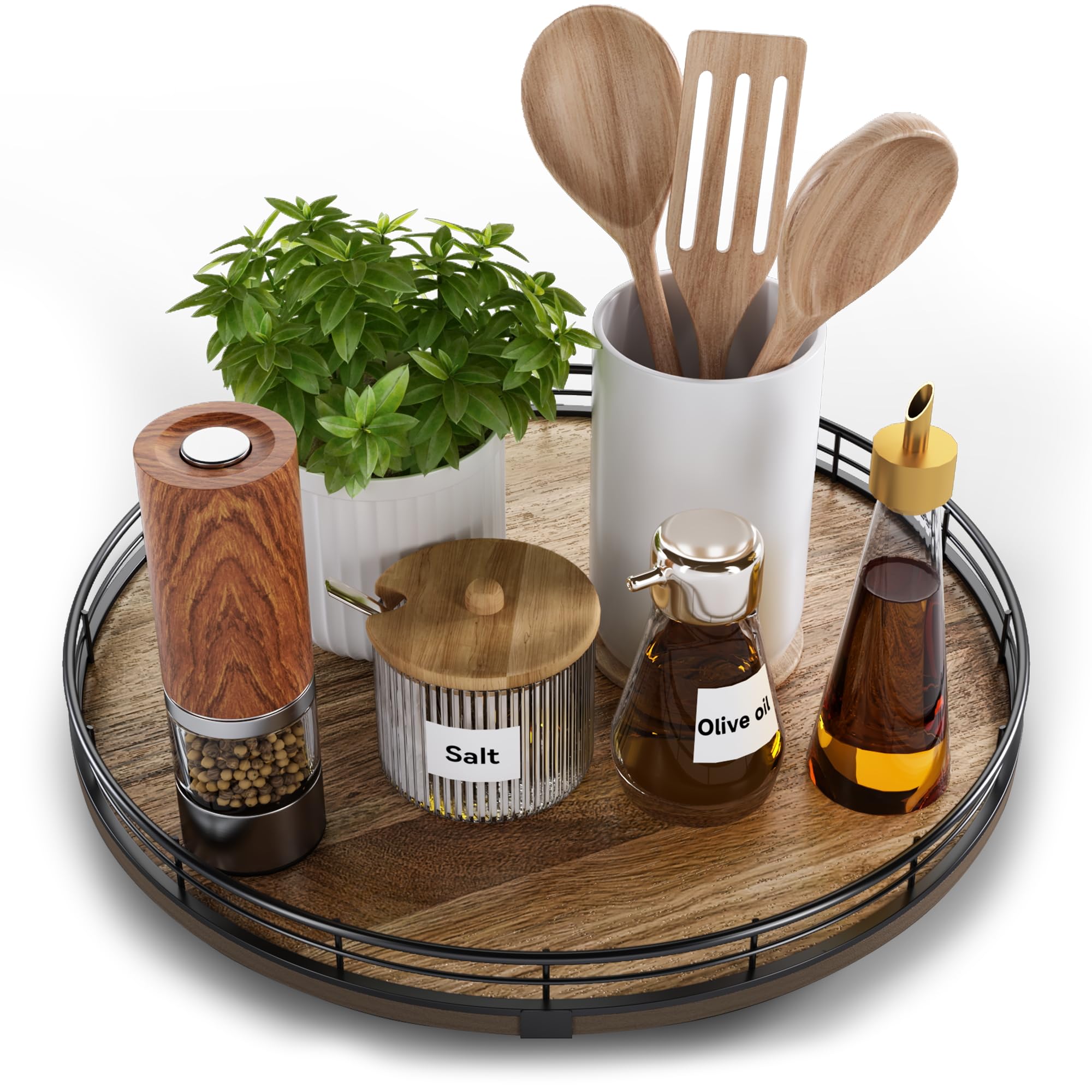 HGF Acacia Wood Lazy Susan with smooth 360° rotation for easy kitchen access.