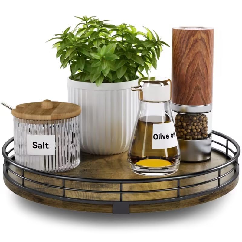 HGF Lazy Susan 10-inch wooden turntable top view, easy condiment access.
