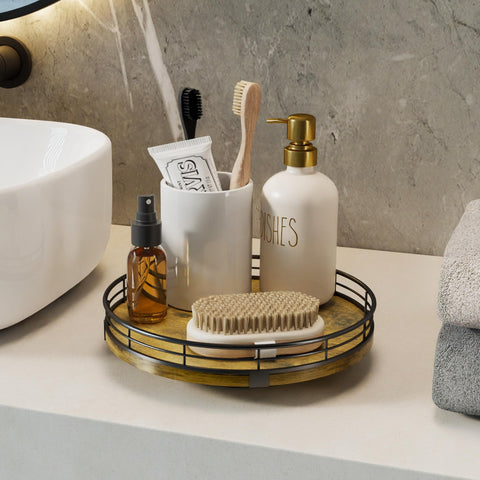 HGF Lazy Susan bathroom tray keeps lotions and cosmetics organized.
