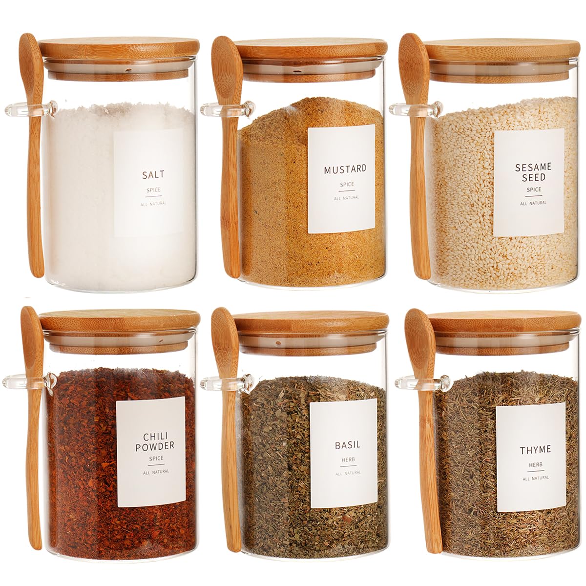 HHMJSM 6-pc glass jar set with bamboo lids for tidy, accessible pantry storage.