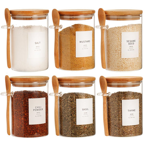 HHMJSM 6-pc glass jar set with bamboo lids for tidy, accessible pantry storage.