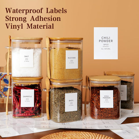HHMJSM 6-pack pantry jars with preprinted labels simplify labeling and organization.