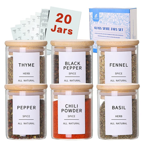 HHMJSM glass spice jars with bamboo lids for airtight 4oz storage.