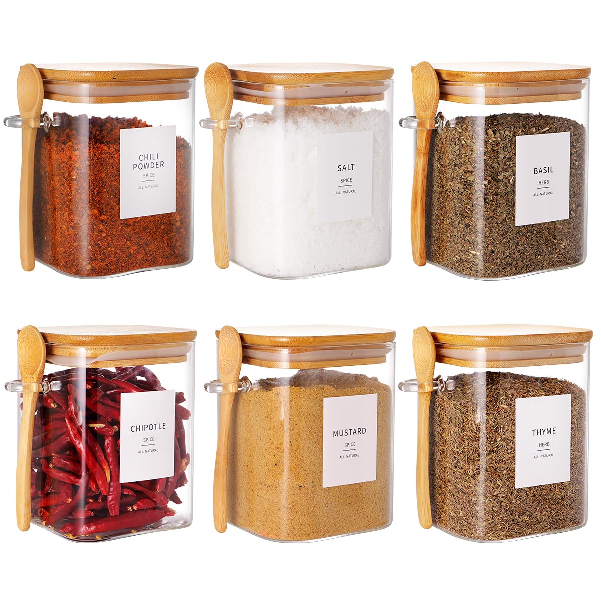 HHMJSM square glass jar with bamboo lid and spoon for organized kitchen storage.