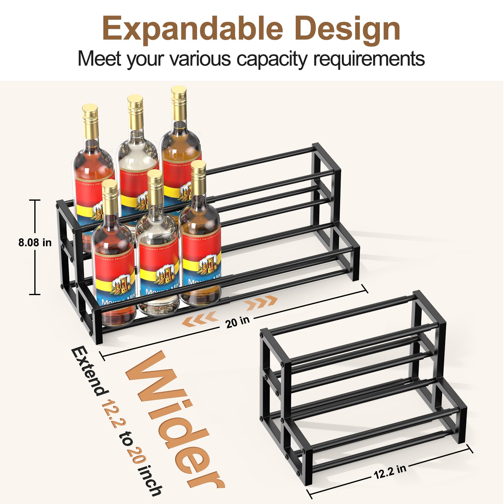HHOKEM extended-width syrup rack shows capacity for up to twelve bottles.