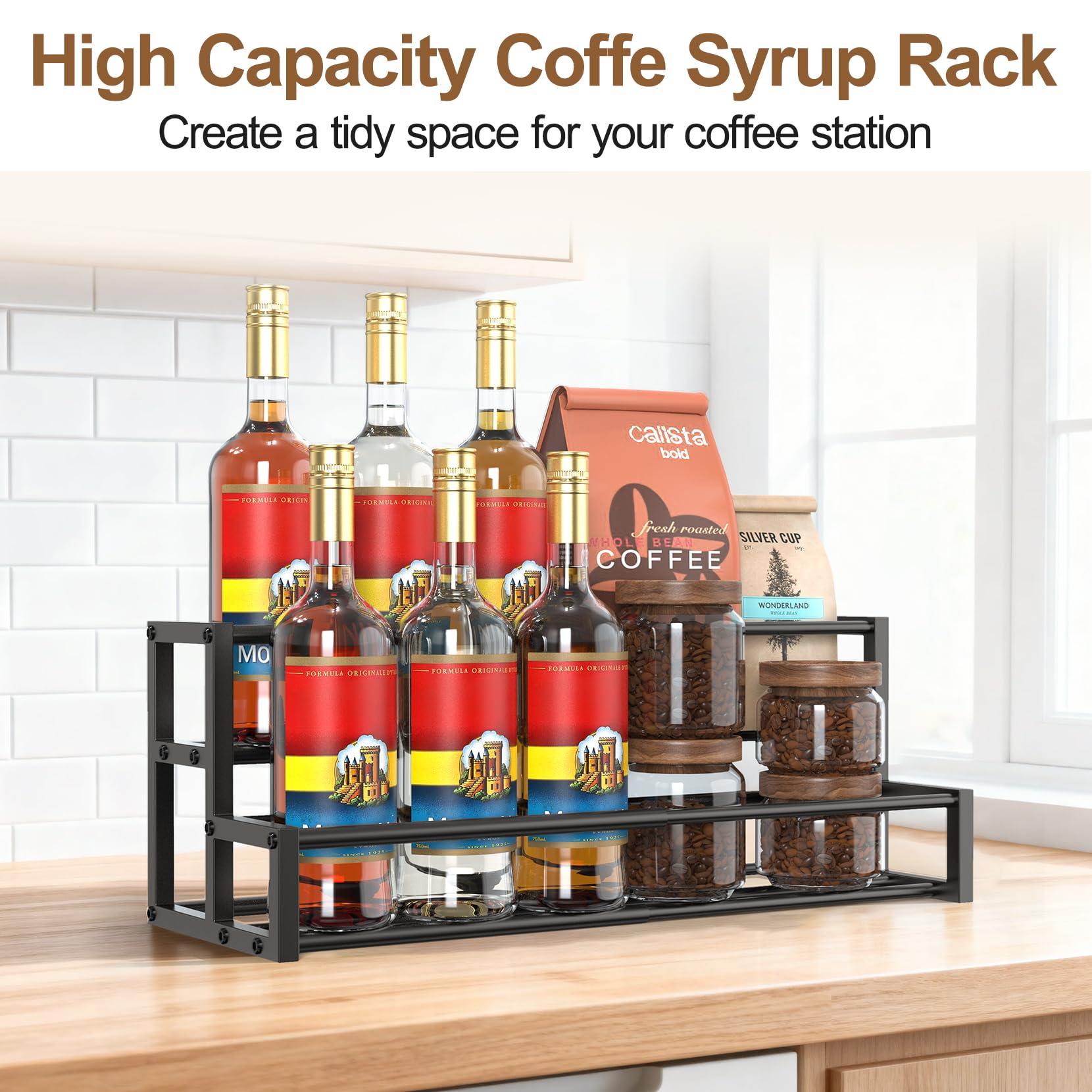 HHOKEM expandable syrup organizer front view highlights accessible bottles and tidy surface.