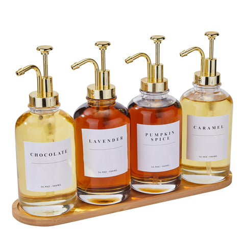 HHSME coffee syrup dispenser set with four glass bottles for precise pours.