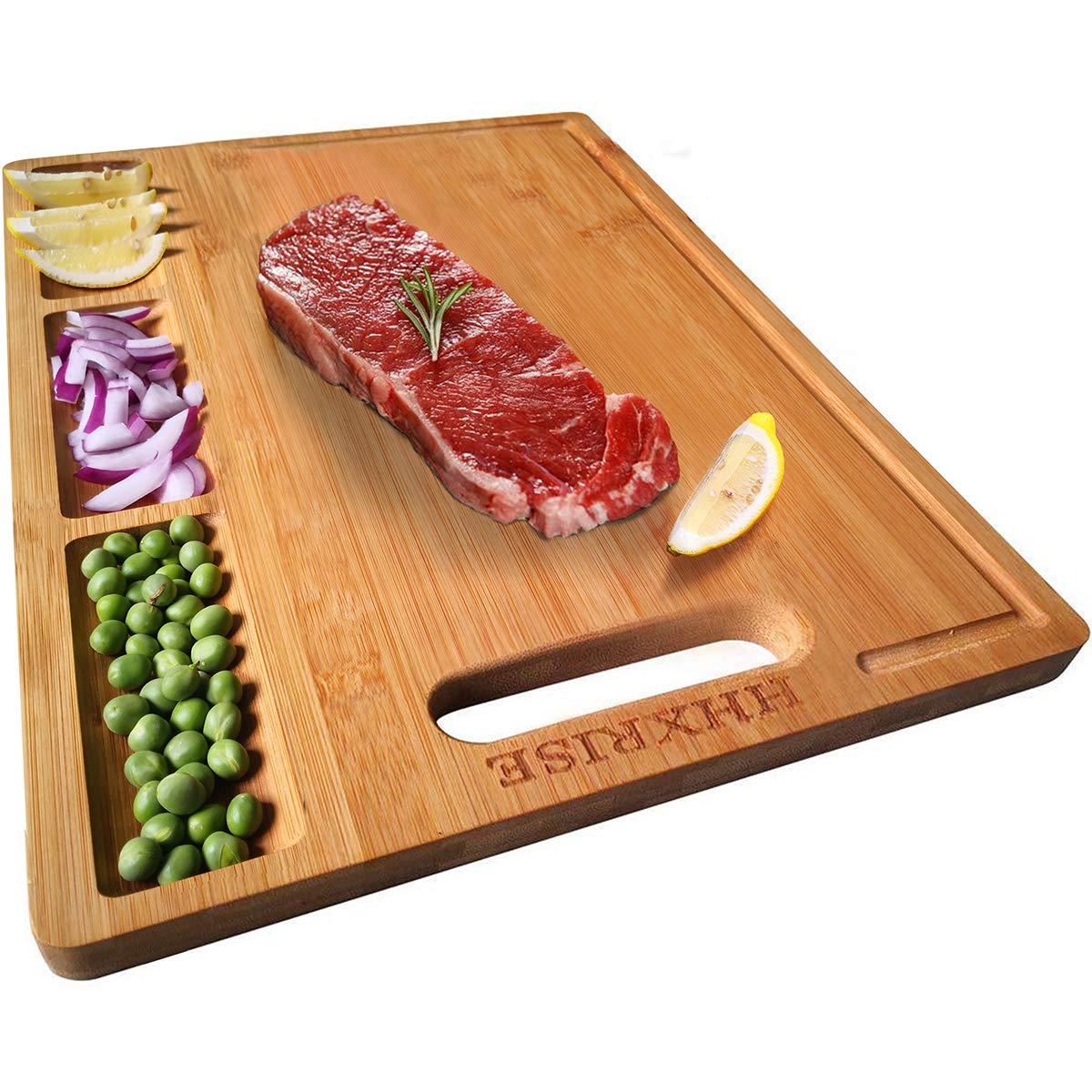 HHXRISE bamboo cutting board with three compartments for organized prep.