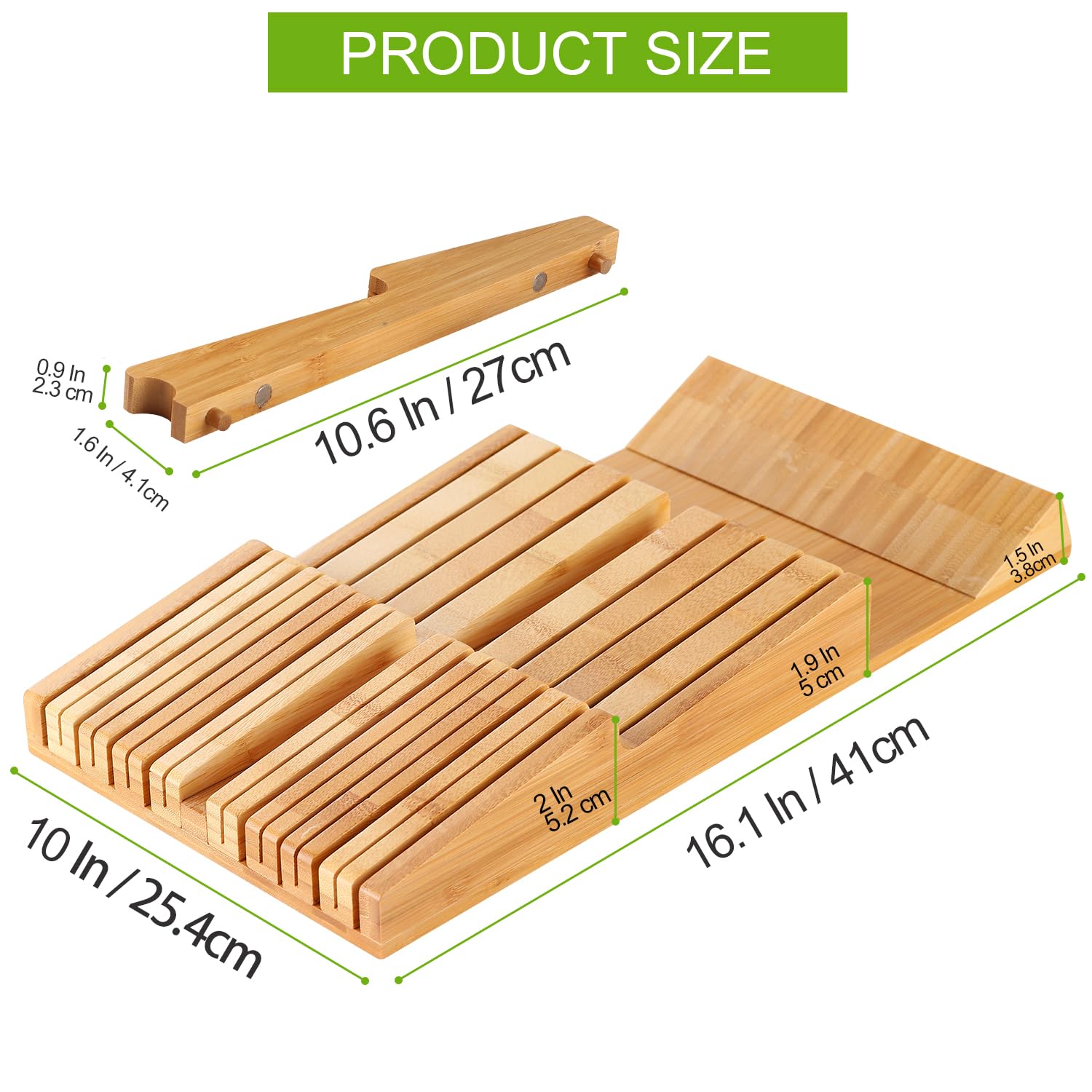 HHXRISE bamboo knife block locks blades in place inside a drawer.