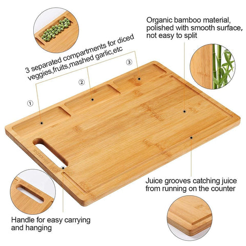 HHXRISE cutting board shows built-in juice grooves for tidy counters.