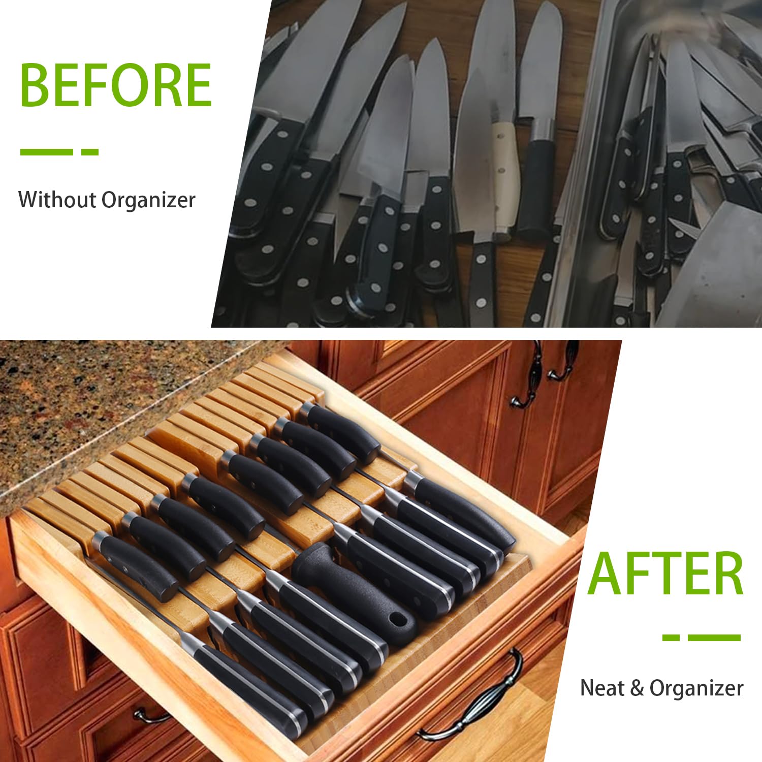Durable bamboo surface protects hands and blades during storage.