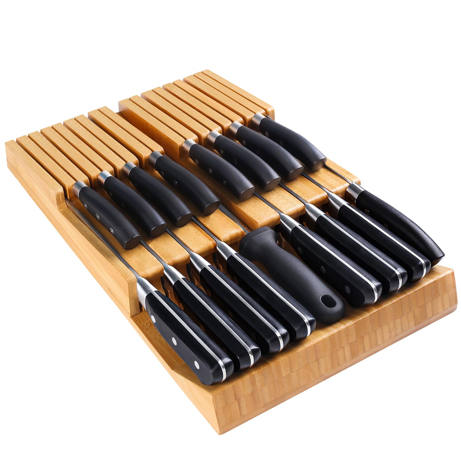 HHXRISE knife drawer organizer with removable slots keeps knives organized and accessible.