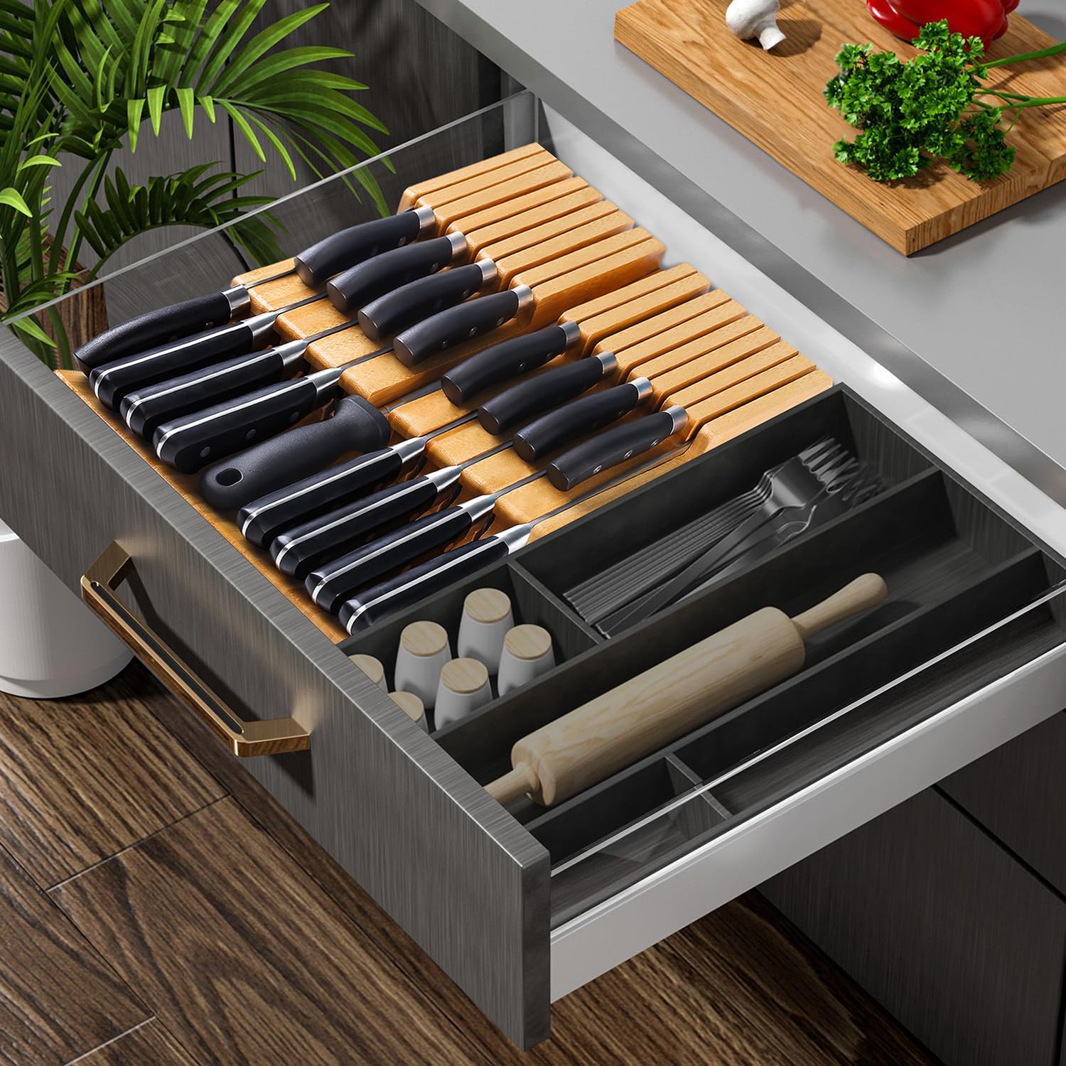 Holds up to 16 knives plus a sharpener for easy prep.