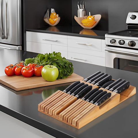 Space-saving design fits standard drawers and reduces counter clutter.