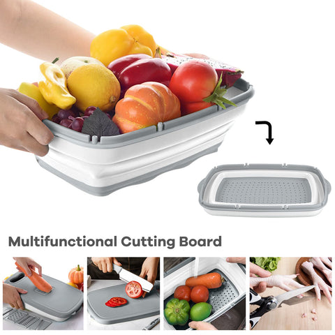 HI NINGER collapsible cutting board with colander basket for washing produce.