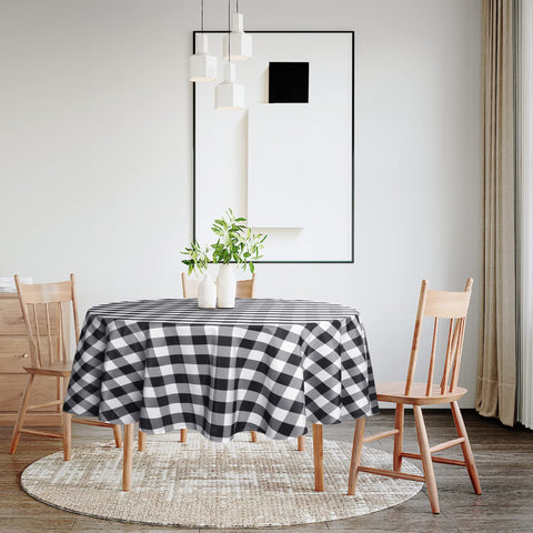 Hiasan tablecloth for indoor or outdoor dining setups on round tables.