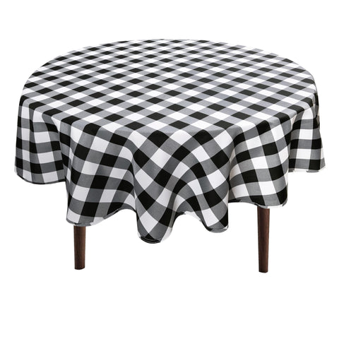 Hiasan checkered round tablecloth on black-and-white plaid surface for stylish dining.
