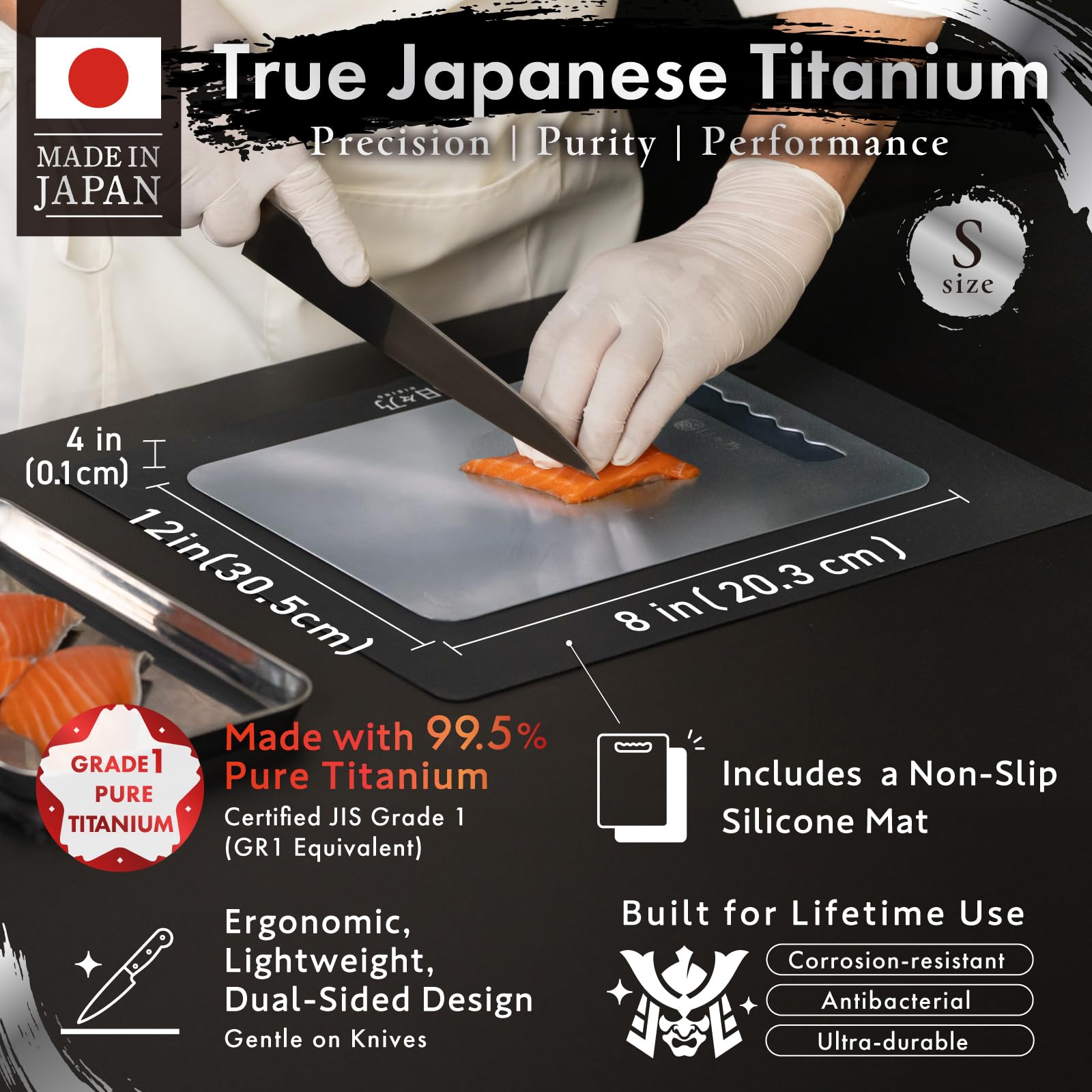HIBINO titanium cutting board side view highlighting ultra-thin profile and light handling