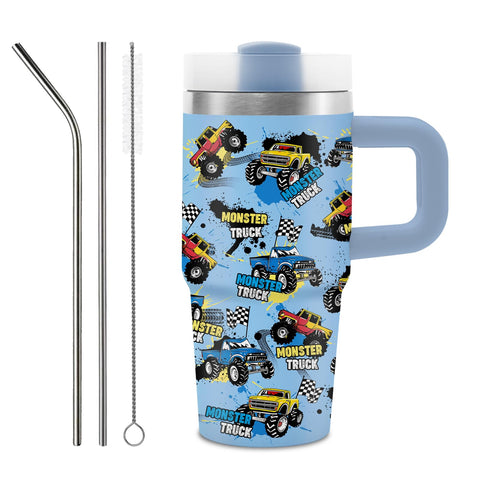 Hiboss monster truck tumbler with handle for easy grip.