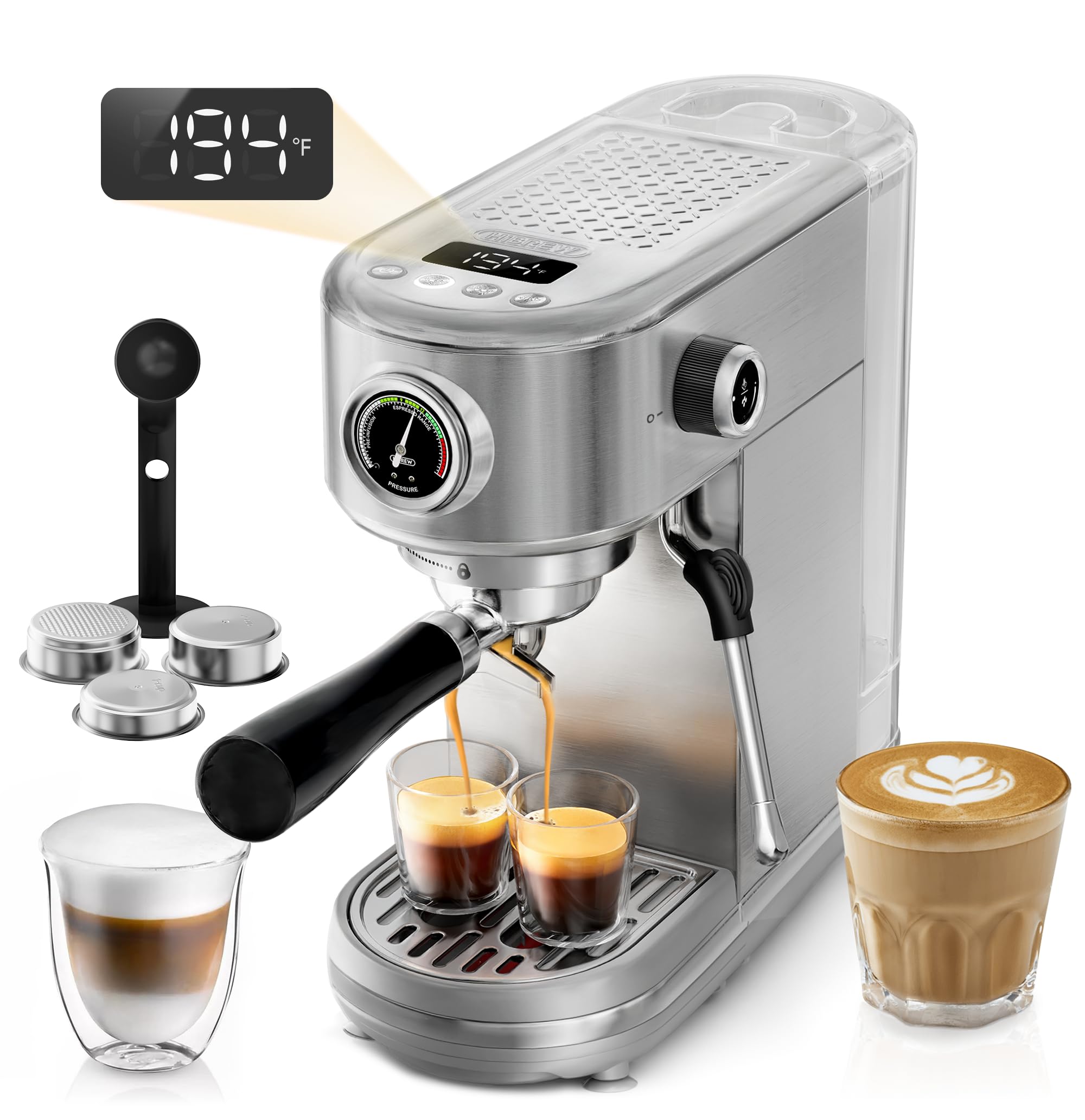 HIBREW H10B front view: sleek stainless steel for precise at-home espresso.