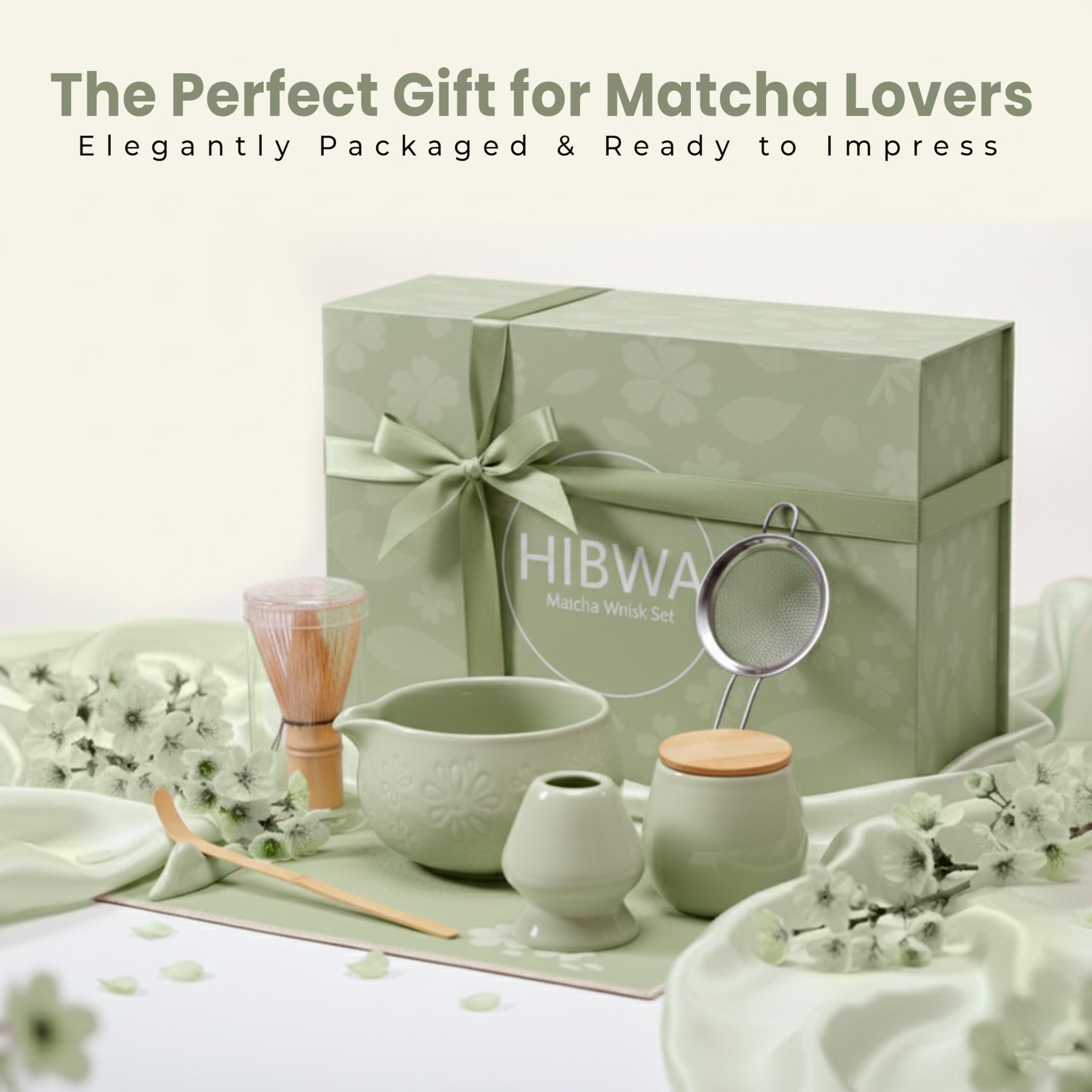 HIBWA complete matcha kit neatly arranged for a traditional at-home ceremony.