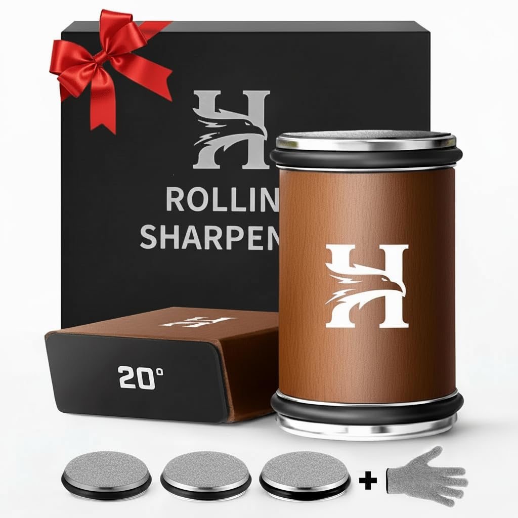 HIBWA rolling knife sharpener with 400/1000/3000 grit discs for edge repair