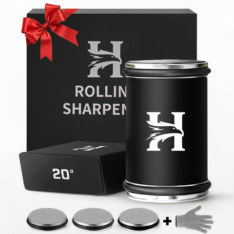 HIBWA rolling sharpener with wooden body for smooth blade maintenance.