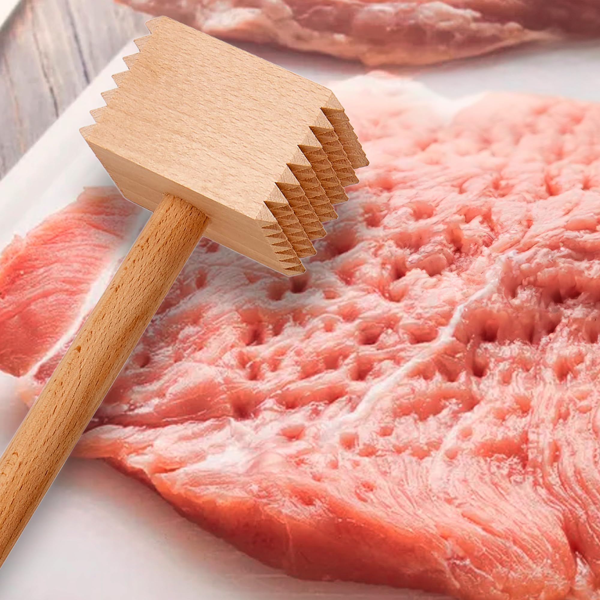 HIC Kitchen meat tenderizer textured side breaks tougher fibers for juicy results.